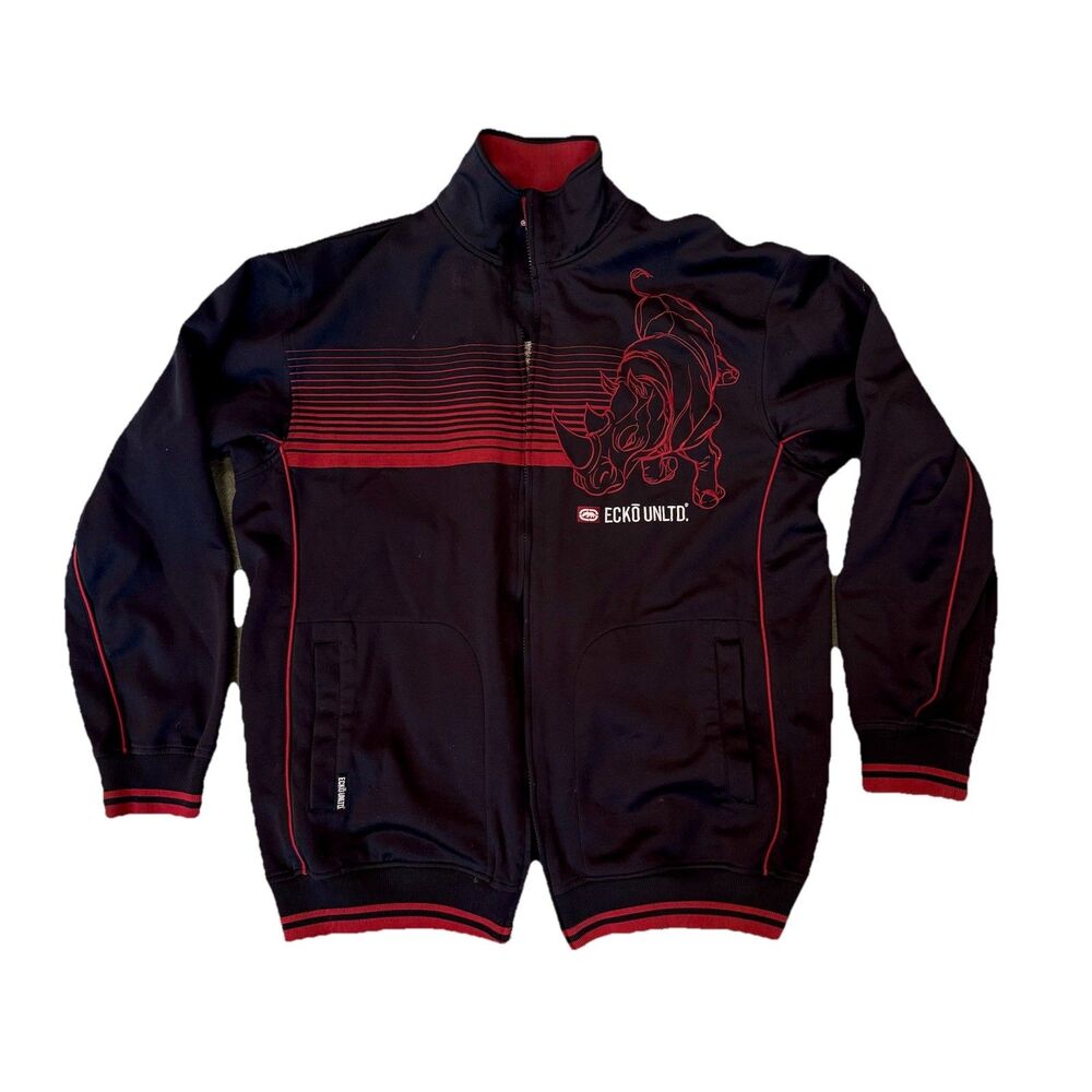 VTG Ecko Unltd Track Jacket Mens L Full Zip Y2K Hip Hop Embroidered Black Red